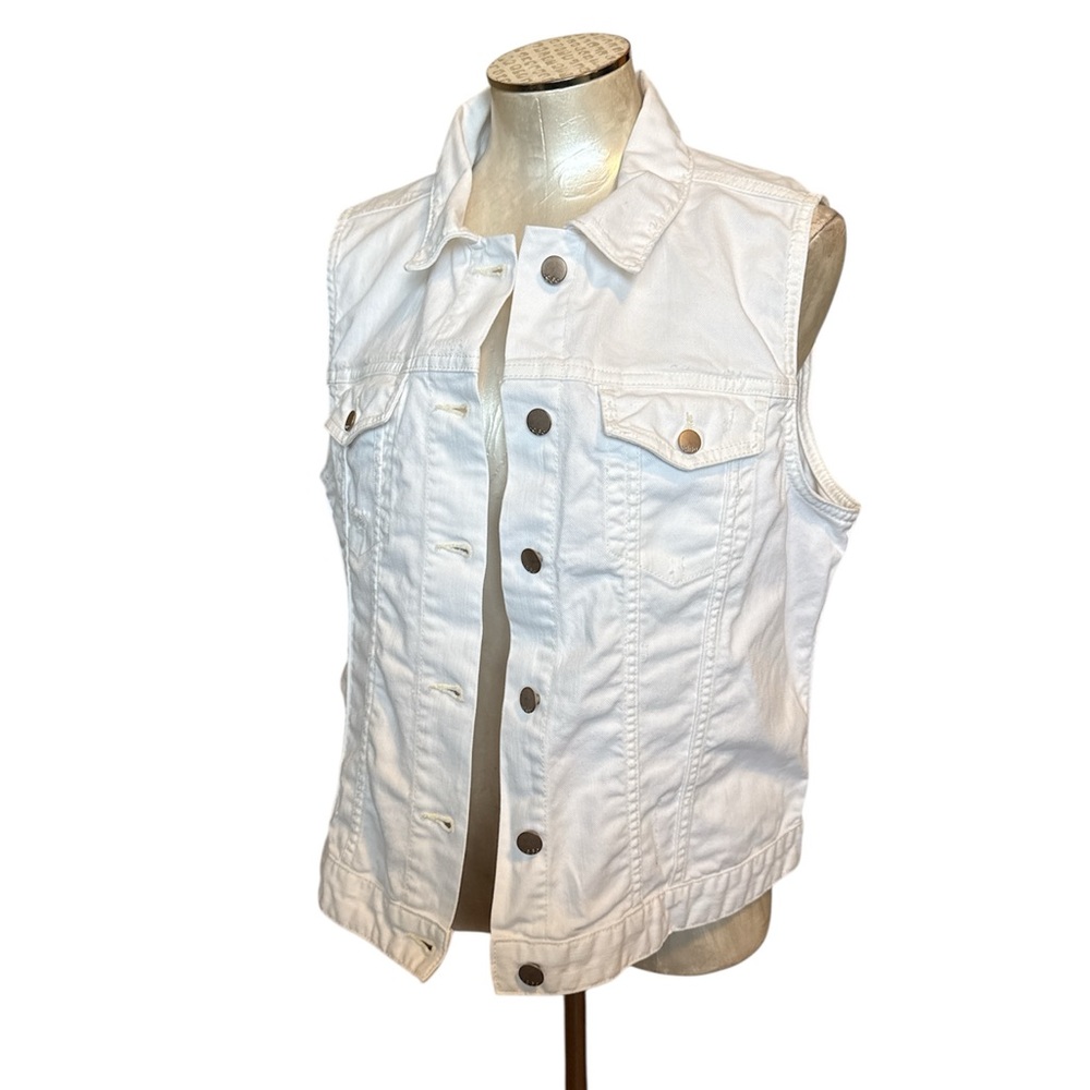 Gap Women’s White Stretch Denim Vest 1969 Distressed Button Front L